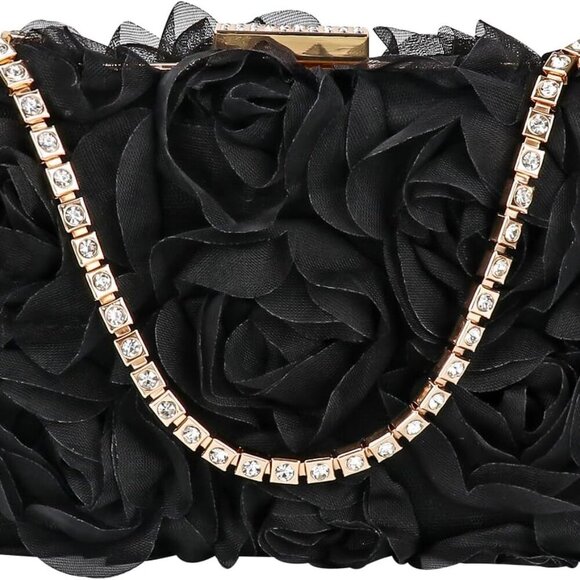Womens 3D Rose Floral Clutch with Rhinestone Chain, Evening Handbag Purse Should - Picture 1 of 8